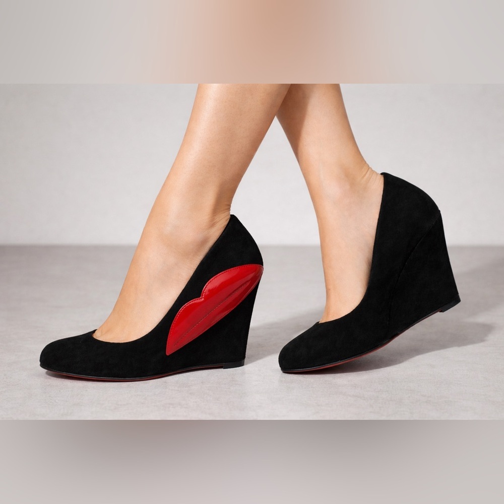 Christian Louboutin kiss me suede wedge pumps heels lips black 36